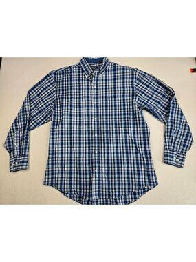 Izod Mens Blue & Yellow Plaid Button-Down Long-Sleeve Shirt M
